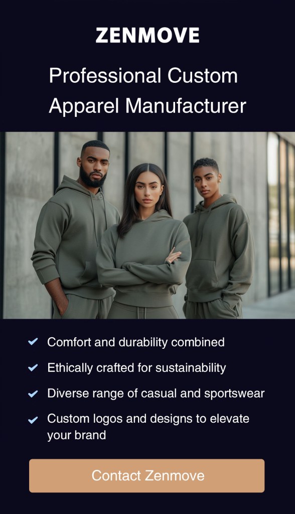 Three models wearing matching olive green hoodies and sweatpants, posing in front of a modern building, promoting Zenmove custom apparel manufacturing.